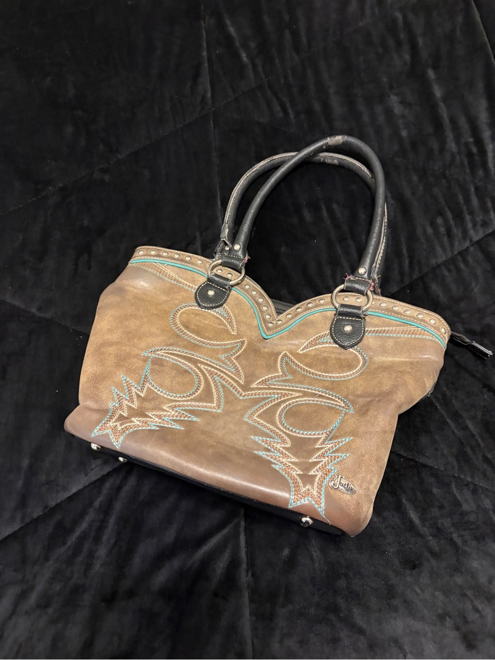 Justin Boots Brown Leather Shoulder Bag with Turquoise Stitching